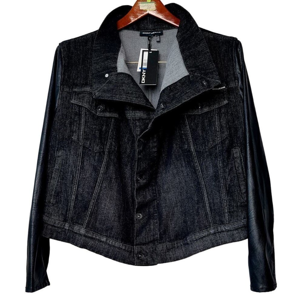 DKNY Denim Jacket Black Jeans Faux Leather Women's XL - Picture 2 of 10